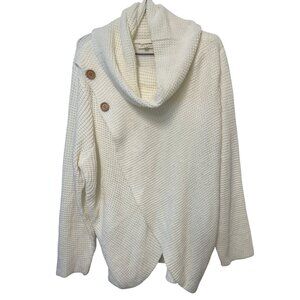 Ivory Overlap Waffle Knit Sweater XL With Wooden Button Closure & Cowl Neck Prep